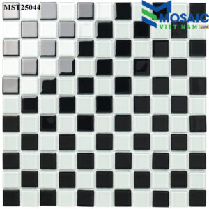 Gạch Mosaic Thủy tinh trộn 2 màu đen trắng bàn cờ 25x25mm MST 25044